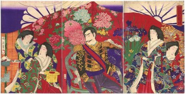  Imperial Painting - Imperial inspection of the flower The Emperor Empress and court ladies viewing flower arrangements Toyohara Chikanobu